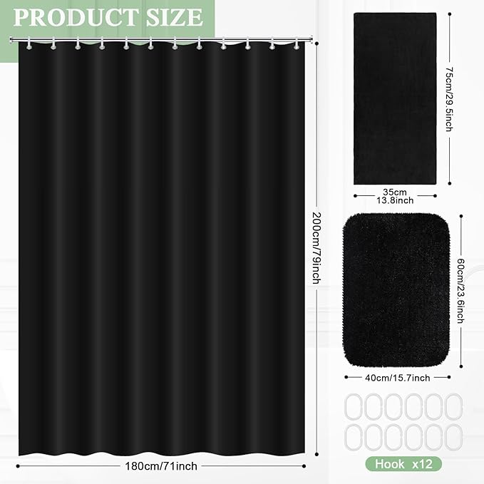 Fanfanwin 3 Pcs Bathroom Curtain Sets with Shower Rug and Towel Waterproof Shower Curtain Non Slip Bathroom Rug Bath Mat Soft Hand Towel with 12 Hooks for Hotel Decor(Black)