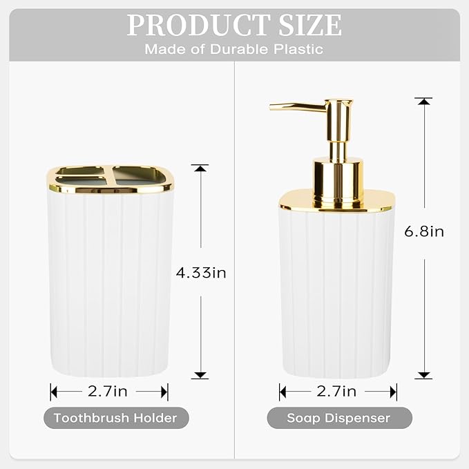 2PCS Bathroom Accessories Set, White and Gold Bathroom Accessories Include Soap Dispenser and Toothbrush Holder for Boho Bathroom Decor