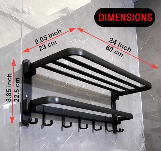 (1 Pack) Yariwiz Matte Black Towel Rack Wall Mounted No Drill and Screw Mounting, Bathroom Bath Shower Length 24 inch Double Towel Rod with Shelf Hotel Towel Rack B0503-MB