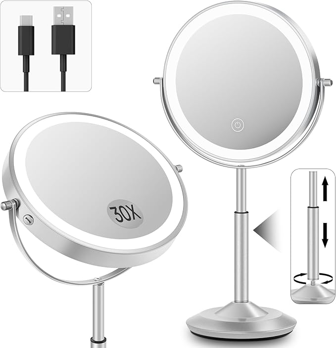 vpu Makeup Mirror with Lights, 1X/30X Lighted Magnifying Mirror Height Adjustable, 3000mAh Rechargeable Double Sided Vanity Mirrors with 3 LED Lighting and Adjustable Brightness for Desk Women Gift