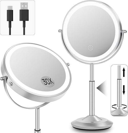 vpu Makeup Mirror with Lights, 1X/30X Lighted Magnifying Mirror Height Adjustable, 3000mAh Rechargeable Double Sided Vanity Mirrors with 3 LED Lighting and Adjustable Brightness for Desk Women Gift