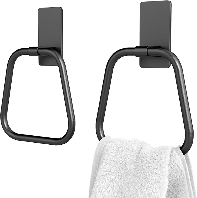 JUYSON Towel Ring, Hand Towel Holder for Bathroom, Adhesive Hand Towel Holder, Adhesive Towel Racks, Wall Mount Towel Hanger for Bathroom, Kitchen, NO Drill Easy to Install, 2 Pack(Matte Black)