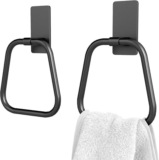 JUYSON Towel Ring, Hand Towel Holder for Bathroom, Adhesive Hand Towel Holder, Adhesive Towel Racks, Wall Mount Towel Hanger for Bathroom, Kitchen, NO Drill Easy to Install, 2 Pack(Matte Black)