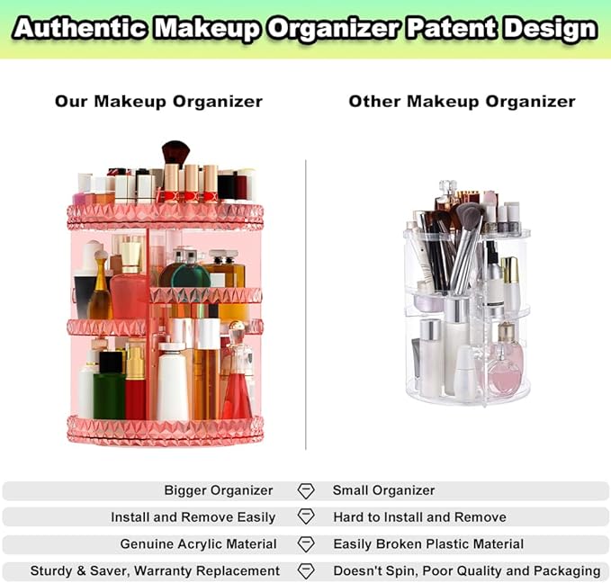 360 Rotating Makeup Organizer, DIY Adjustable Makeup Carousel Spinning Holder Storage Rack, Large Capacity Vanity Organizer Skincare Organizers (Pink)