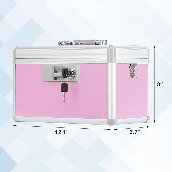 xydstay Medicine Lock Box,First Aid Safe Medication Storage Box,Layered Aluminum Daily Medicine Cabinet Family Use,12.2" x 7.9" x 7.5", Pink