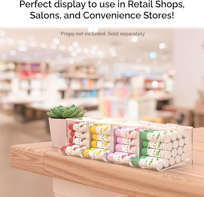 Marketing Holders Clear Acrylic Lip Balm Dispenser Retail or Home Freestanding Countertop Display with Hinged Lid for Lipsticks Glosses Chapsticks or Essential Oils
