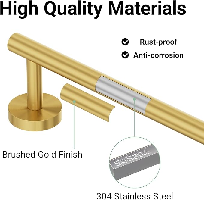 Brushed Gold Towel Bar, 18 Inch Towel Rack for Bathroom Wall-Mounted, SUS304 Stainless Steel, Total Length 20 Inch