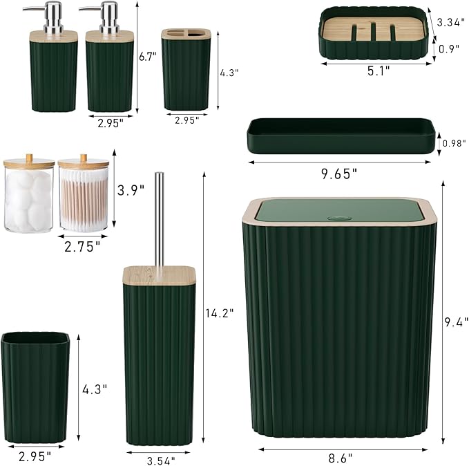 XLHOMO Bathroom Set - Elegant Green Bathroom Set, 10PC Green Bathroom Accessories Set, Bathroom Sets with Toilet Brush, Bathroom Trash Can