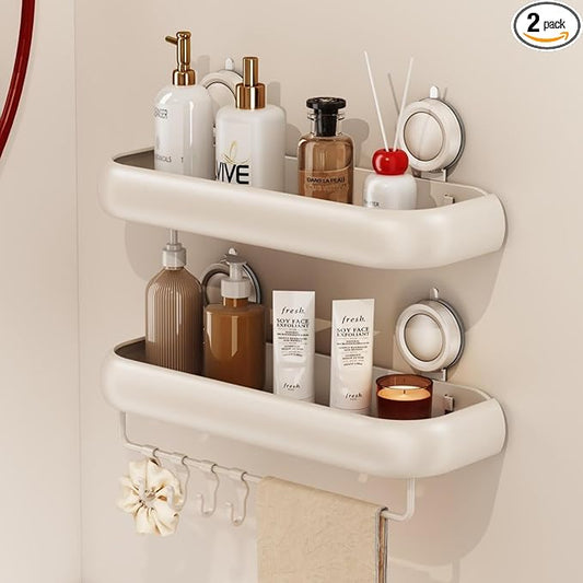 CICUFY Shower Caddy Suction Cup, 2 Pack No Drilling Corner Shower Shelves, Rust Proof Bathroom Storage Organizer, Shower Corner Caddy with Removable Hooks and Towel Bar, Square, Cream