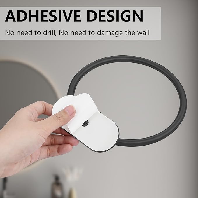 Self Adhesive Towel Ring and Toilet Paper Holder, No Drilling Stainless Steel Bathroom Hardware Set, Sturdy Bathroom Accessories for Home or Kitchen, Wall Mounted (Black)
