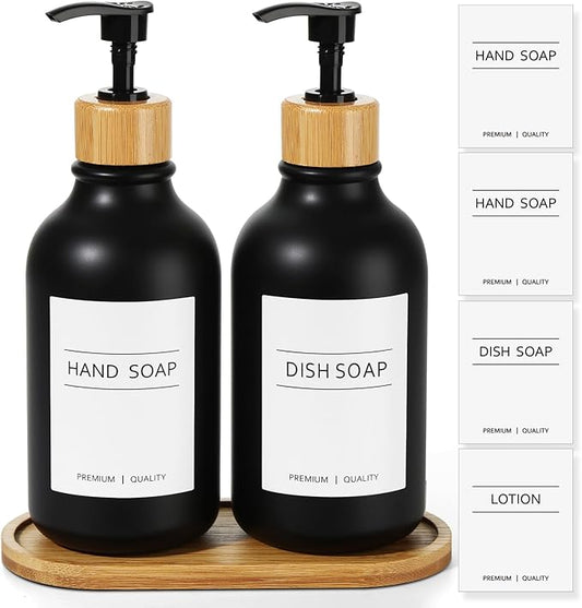 KASUNTING Hand and Dish Soap Dispenser Set, Plastic Kitchen Soap Dispenser Set with Bamboo Tray, 17 Fl Oz Black Soap and Lotion Dispensers Sets with 4 Pack Labels for Kitchen & Bathroom Countertop