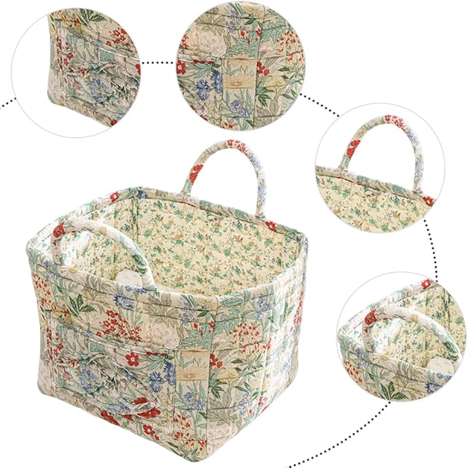 Quilted Fabric Storage Basket Boho Floral Laundry Hamper with Handle Foldable Floral Basket Organizer for Car Bedroom