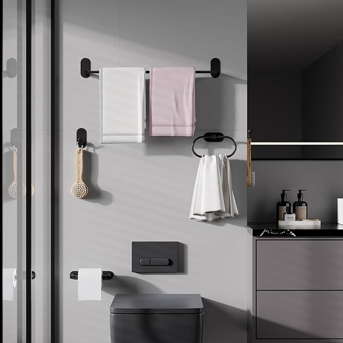Adhesive Towel Holder for Bathroom Matte Black No Drill Hand Towel Ring Stainless Steel and Zinc Alloy Self Adhesive Towel Hanger for Bath, Kitchen