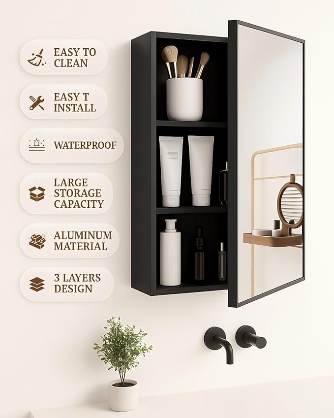 ANTIS'S HOME Medicine Cabinet, Non-recessed Matte Black Aluminum Bathroom Mirror with Storage, 16 x 24 inch Mirror Cabinet Wall Mounted Storage Cabinet, Rectangle Modern Vanity Cabinets
