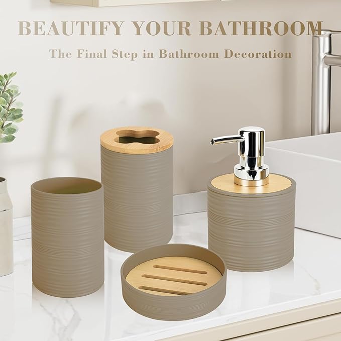 4 PCS Beige Bathroom Accessories Set, Includes a Soap Dispenser, Toothbrush Holder, Soap Dish and Mouthwash Cup, Plastics & Bamboo Bathroom Set, Bohemian Style Bathroom Sink Set