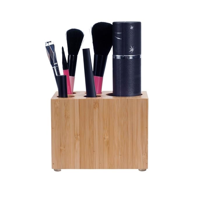 MobileVision Bamboo Makeup Drawer Organizer with 5-Compartment Brush Holder Stand Combo