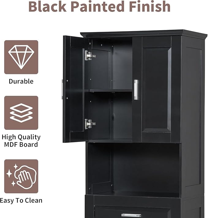 Virubi Laundry Cabinet with Tilt Out Laundry Hamper and Drawer, Wood Tall Bathroom Storage Cabinet with Doors and Adjustable Shelves, Freestanding (Black)