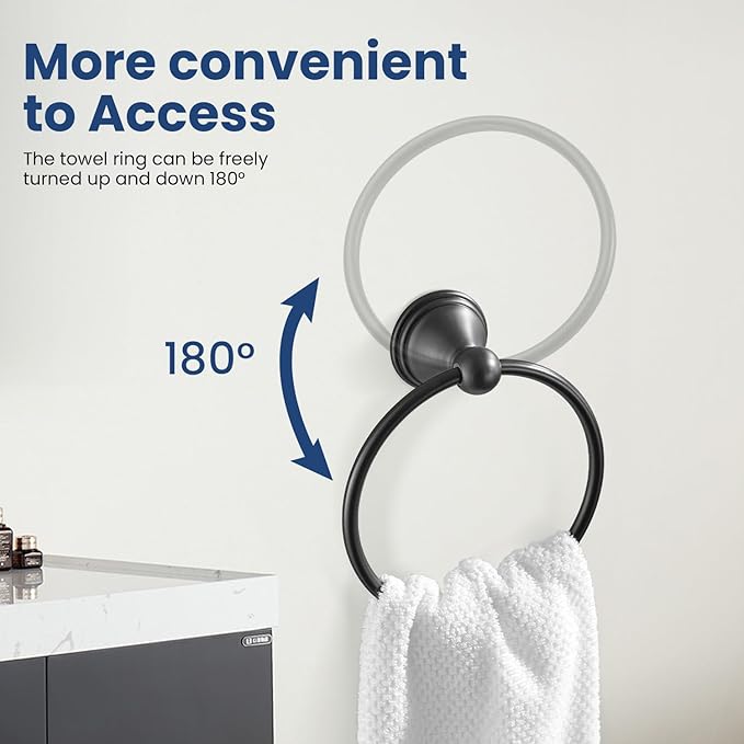 sagetta Matte Black Hand Towel Holder Towel Ring Set with Toilet Paper Holder 5.55-Inch Bath Towel Ring Diameter Wall Mount