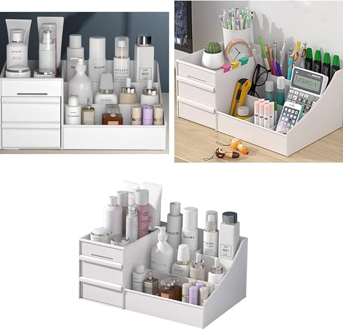 Jilukibo Large Capacity Makeup Organizer for Bathroom Bedroom, Cosmetic Storage Box with Drawers, Desktop Makeup Container for Jewelry Lipstick Skin Care (White)