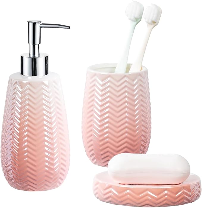 Bathroom Accessories Set, 3 Pcs Pink Ceramic Bathroom Accessories Sets Complete/Lotion Soap Dispenser, Toothbrush Holder, Soap Dish, Bathroom Decor, Gift for Home Apartment