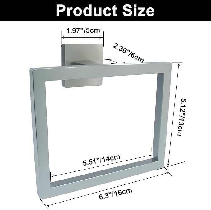 Silver Towel Ring - Premium Stainless Steel Bathroom Accessory, Sleek Square Design Hand Towel Holder, Durable Wall-Mounted Towel Hanger for Contemporary Bathroom, 2 Pcs
