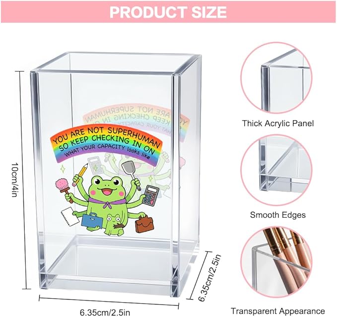 You Are Not Superhuman Acrylic Cosmetic Pencil Pen Holder Cup, Boho Cute Frog Desk Organizer Accessory for Home Office Decor, Frog Lovers Gifts, Funny Sarcastic Work Gifts for Women Men Coworker