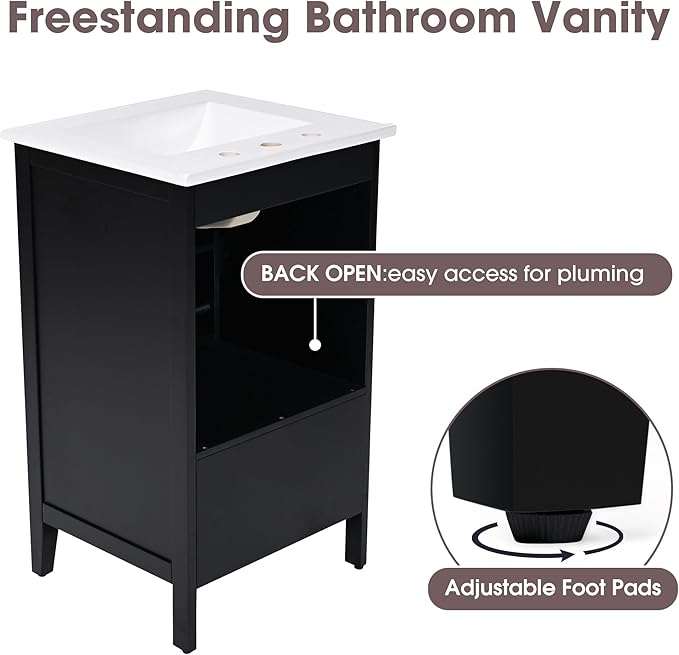 20 in Small Bathroom Vanity with Sink,Wood Modern Single Bathroom Sink Cabinet with Soft Closing Door and Drawer,Freestanding Black