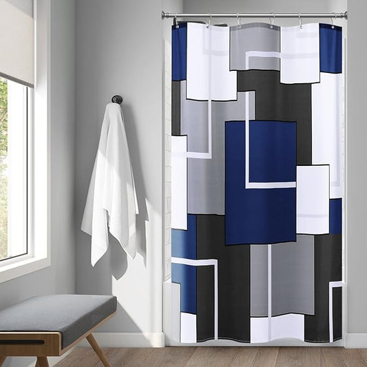 Modern Blue Shower Curtain Set with Hooks Blue and White Shower Curtain for Bathroom Fabric Grey Abstract Geometric Bath Curtains Decorative Gray 36x72