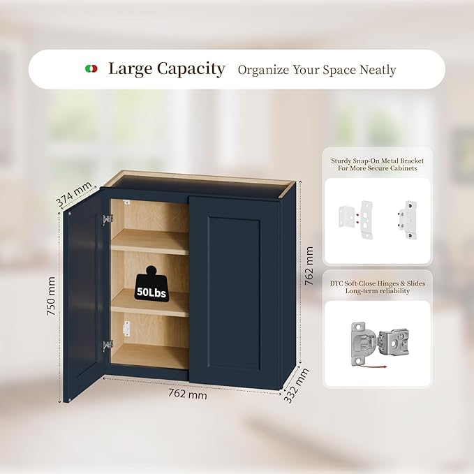 Kisart Laundry Room Cabinets Wall Mounted with Doors & Shelves, Solid Wood RTA Medicine Storage Cabinet, 30Wx30Hx12D Inch White Shaker Hanging Cupboard, Space-Saving for Kitchen, Bathroom, Garage