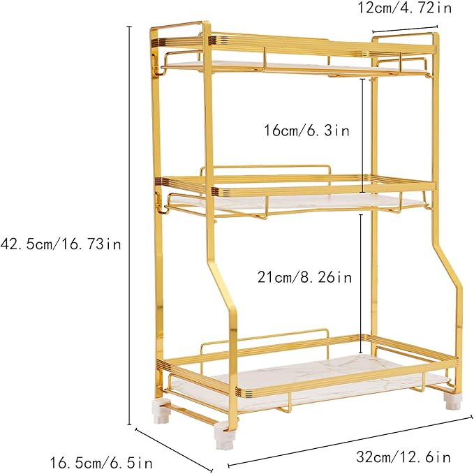 LYNICESHOP 3 Tier Bathroom Countertop Organizer, Gold and White Modern Vanity Organizer with Small Storage Baskets, Skincare, Perfume - Spaace Saving, Easy Assembly, Non-Slip (12.6x6.5in)