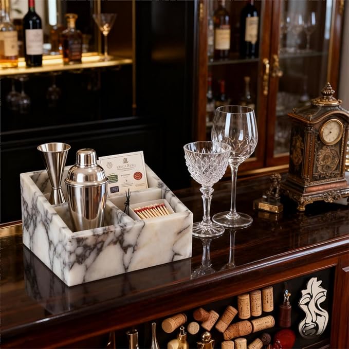Marble Desk Organizer with 3 Compartments, White and Purple Pattern, Modern Design (White)