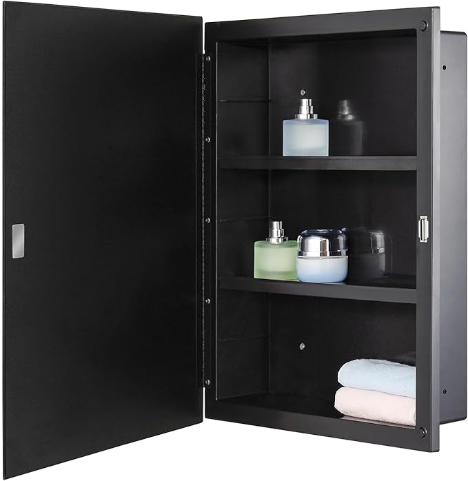 IDYLLOR Black Plastic Bathroom Medicine Mirror Cabinet Beveled Edge, 16 x 20 inch, Surface and Recessed Mount