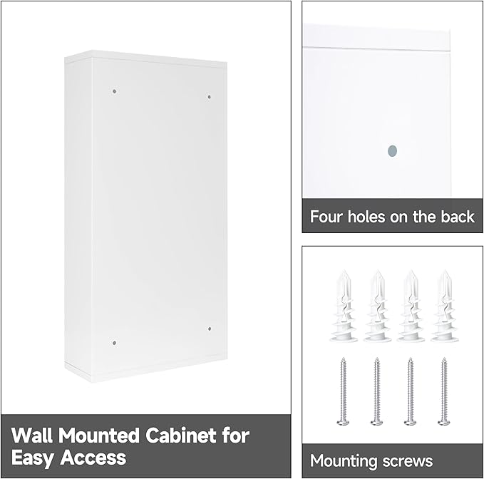 Locking Medicine Cabinet, 11.8" W x 23.6" H x 4.7" D - Wall Mount Metal Medicine Cabinet with Lock, White Medical Cabinet, Frosted Glass Door with Keys and First Aid Cross Sign, 4 Shelves