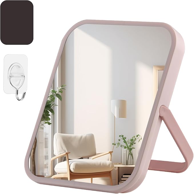Desk Makeup Mirror 6 x 7 inches Table Mirror with Foldable Stand and Hanging Hole for Shaving and Travelling, Perfect for Dorm Room Cabinets, Refrigerator, Office.