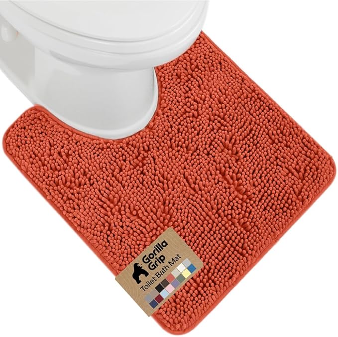 GORILLA GRIP Plush Absorbent Shaggy Chenille Bath Rug Mat for Oval Toilet Base with Rubber Backing, Machine Washable Rugs, Soft Microfiber Contour Mats for Toilets, Bathroom Decor, Coral
