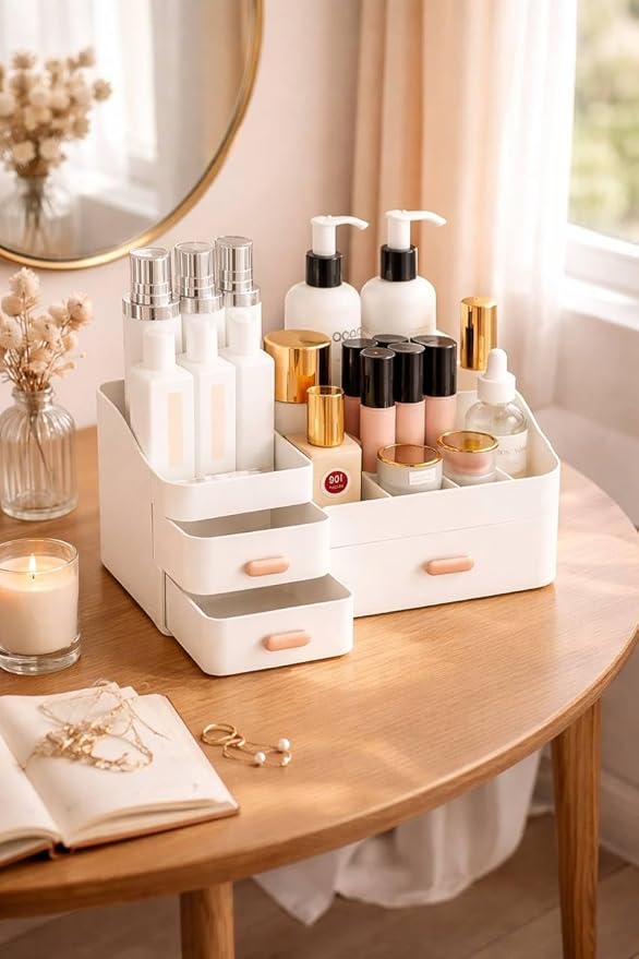 Makeup Organizer Countertop for Vanity with Drawers – Large White Makeup & Skin Care Organizer for Cosmetics & Accessories