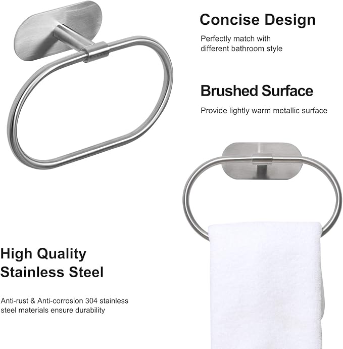 HouseAid Self Adhesive Towel Ring for Bathroom, Stainless Steel Adhesive Hand Towel Holder, No Drilling Modern Hand Towel Hanger, Brushed Nickel