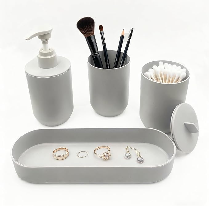 4-Piece Bathroom Organizer Set, Light Grey Plastic Countertop Storage with Toothbrush Holder, Lotion Soap Dispenser, Qtip Holder & Vanity Tray – Clean Bathroom Decor for Modern Spaces