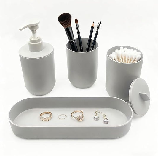 4-Piece Bathroom Organizer Set, Light Grey Plastic Countertop Storage with Toothbrush Holder, Lotion Soap Dispenser, Qtip Holder & Vanity Tray – Clean Bathroom Decor for Modern Spaces