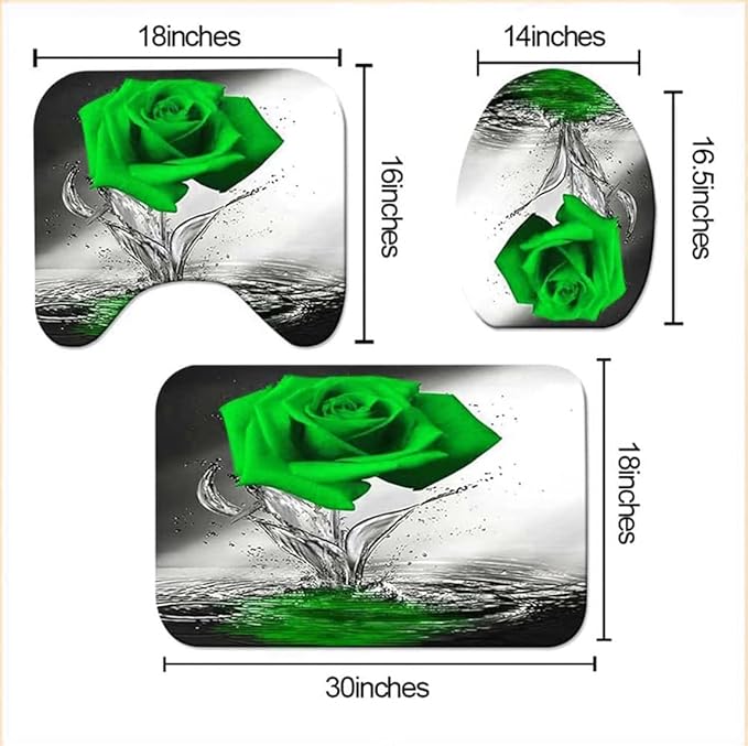 Green Rose Bathroom Set with Shower Curtain, Non-Slip Rugs, Bath Mat, Toilet Lid Cover and 12 Strong Hooks, Modern Style