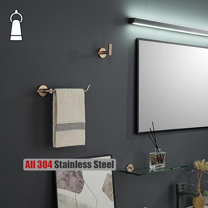 JQK Hand Towel Bar, Champagne Bronze Stainless Steel Towel Ring Holder for Bathroom, 9 Inch Wall Mount Right Hand, TR100-CB