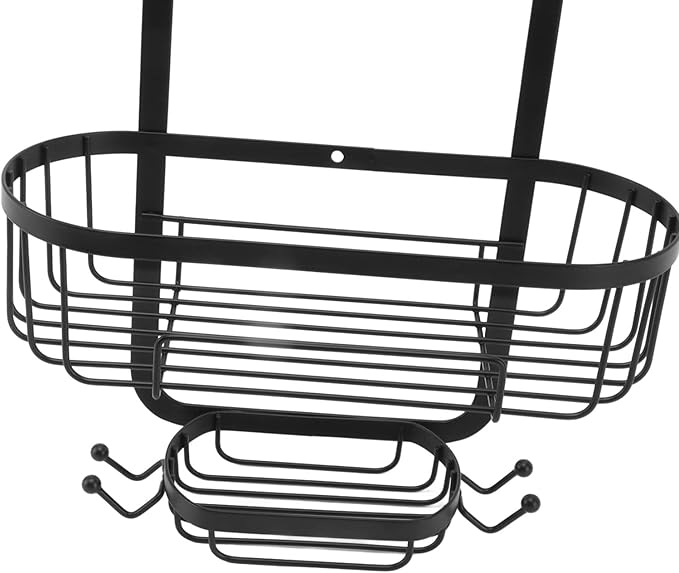 Metal Iron Wall Mounted Bathroom Basket, Punch Free Bathroom Shelves, 2 Layer Wall Mount Storage Basket for Bathroom with Adhesive Backing for Tile Glass Marble Surfaces (Black)