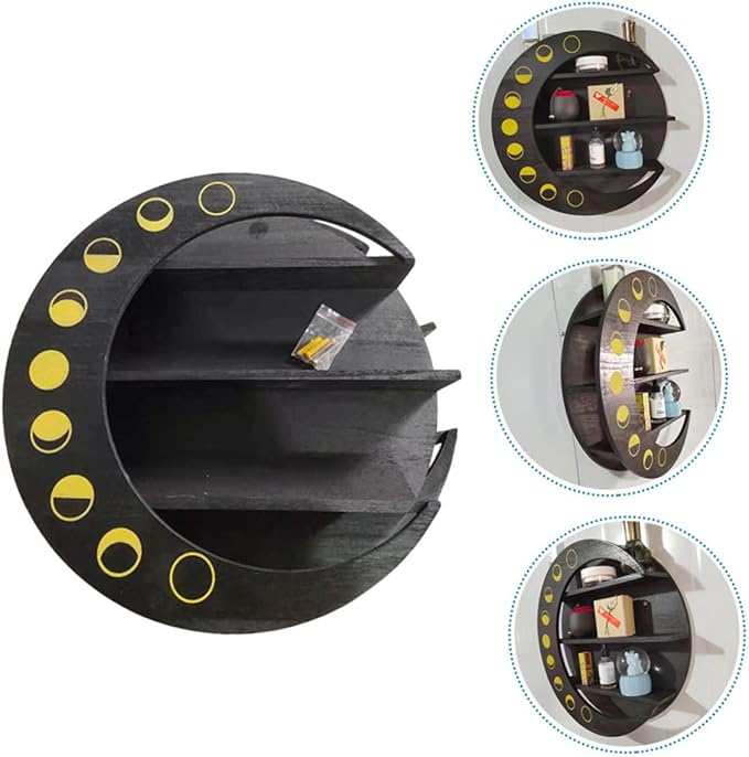 SHOWERORO Moon Shape Wall Storage Rack Black Wooden Sundries Shelf for Home Decor Easy to Install Multipurpose Display Organizer for Kitchen Bathroom