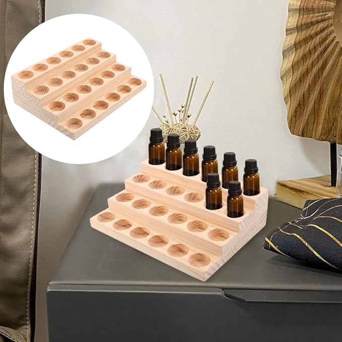 Healifty Wooden Essential Oil Organizer Rack 24 Slots Bottle Display Stand for 30Ml Dropper Bottles Perfume Nail Polish Storage Desktop Organizer