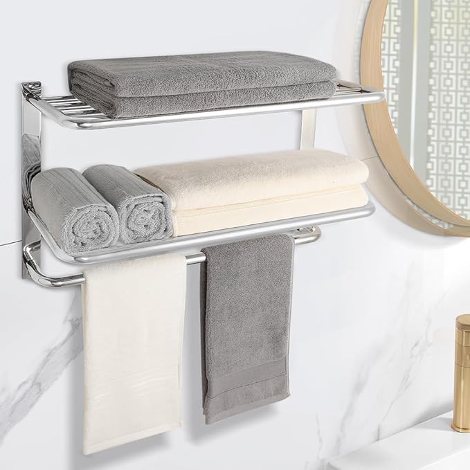 Towel Rack for Bathroom, DEWVIE 24 Inch Tower Holder with Tower Bars, SUS 304 Stainless Steel Lavatory Bath Towel Shelf Towel Hanger Wall Mount, 3-Tier (Brushed Nickel)