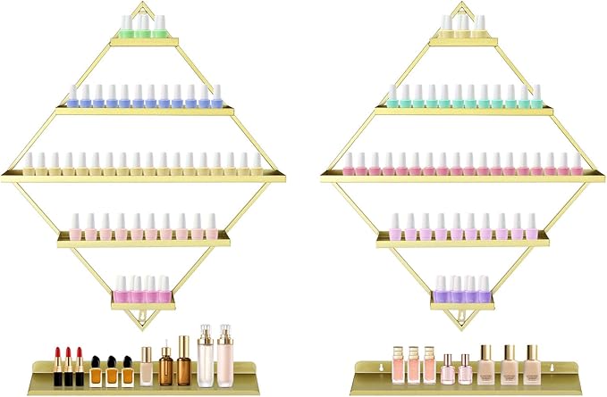 Wall-Mounted Nail Polish Rack, Set of 4 Rhombus Gold Nail Polish Shelf Lipstick Perfume Cosmetic Display Shelf for Home Spa Nail Salon Shop