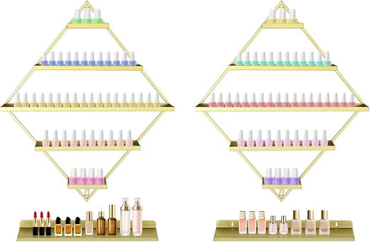 Wall-Mounted Nail Polish Rack, Set of 4 Rhombus Gold Nail Polish Shelf Lipstick Perfume Cosmetic Display Shelf for Home Spa Nail Salon Shop