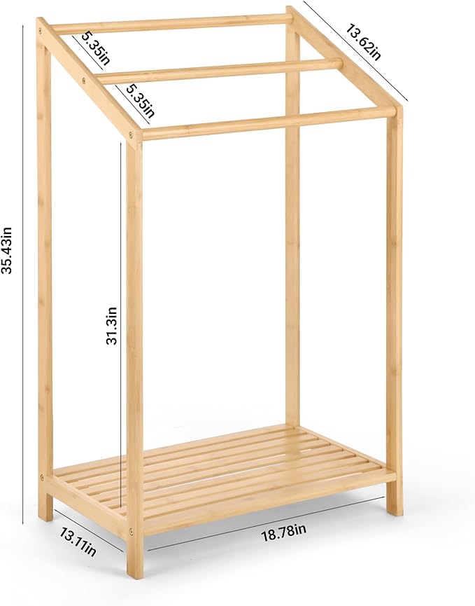 Bamboo Towel Rack Stand, Hand Towels Stand Holder, Freestanding Blanket Rack with Bottom Storage Shelf for Bathroom, Bedroom, Laundry Room