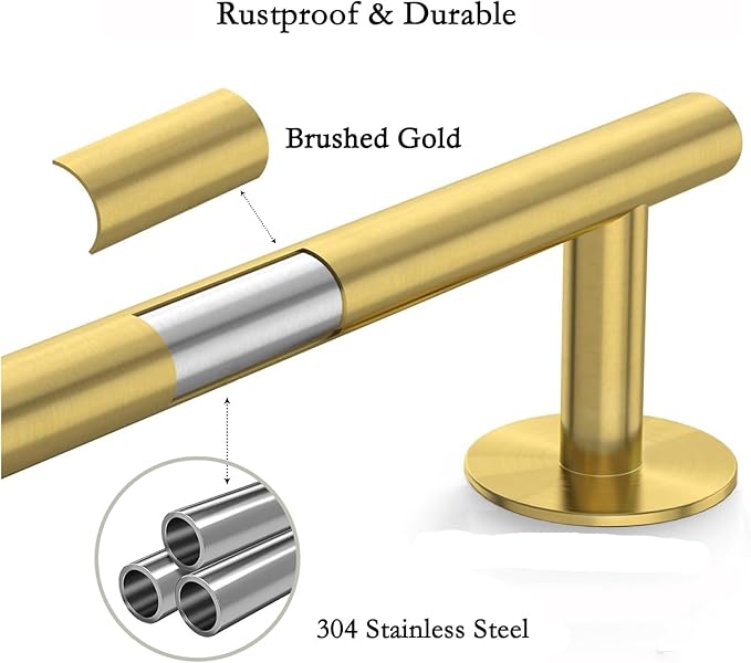 Self Adhesive Bath Towel Bar, Thicken Stainless Steel Shower Towel Rack Holder Wall Mounted for Bathroom, 23.6-lnch Overall Length-21-lnch Usable Hanging Space (1 Pack, Brushed Gold)