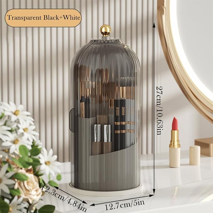Makeup Brush Holder Organizer with Lid, 360?? Rotating Clear Dustproof Cosmetics Storage, Makeup Brushes Cup Pen Holder for Vanity Desktop Bathroom Countertop (Clear Black Cap)